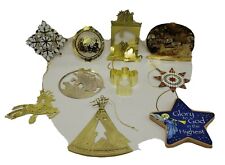 Vintage 10 Pcs Gold Tone Brass Wooden Christmas Ornaments 3D Hallmark Rockwell picture