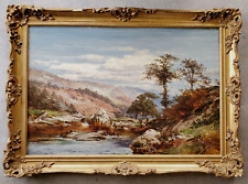 SIGNED ORIGINAL ANTIQUE 1800s OIL PAINTING CANVAS LANDSCAPE ART WITH GOLD FRAME picture