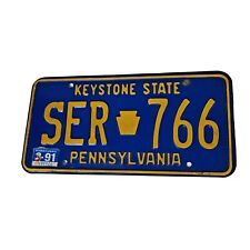 Vintage Pennsylvania License Plate Keystone State Issued 91 SER 766 Yellow Blue picture