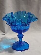 Vintage FENTON Blue Ruffled Edge, Scalloped Base, Pedestal Compote Art Glass 6