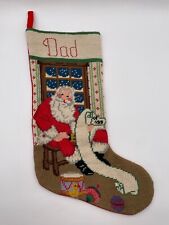 Vintage Christmas Stocking Embroidery Santa Red Velvet Dad Handmade Needlepoint picture