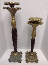 Huge Decorative Wooden Spiral Ruffle Brass Candle Holders Pair Vintage Mcm picture