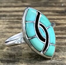 Vintage Zuni Native American Double Hummingbird Turquoise Silver Inlay Ring 6.5 picture