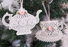Shabby Cottage Chic Victorian Lace Pink Rose Teapot Tea Cup Christmas Ornaments picture