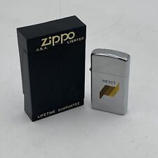 VTG Slim Zippo Lighter Chrome MERIT Cigarettes Tobacco Logo Unfired 1981 W/ Box picture
