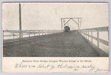 HAMPTON RIVER WOODEN BRIDGE, NEWBURYPORT MA STREET TROLLEY CAR POSTCARD c. 1906 picture