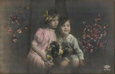 1918 Two Children Posing with Flowers-Hand Colored Postcard 10 Filler stamp picture