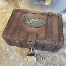 Ford Iron Strong Box Chest W/ Ford Brass Plaque and Lock, Antique Vintage Finish picture