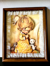 Vintage LITTLE GIRL Praying w/cat Brn Frame 12x9.5x2in 3D Used picture