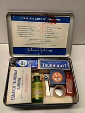 VINTAGE JOHNSON & JOHNSON AUTO FIRST AID AUTO KIT Metal Box & Some Contents picture
