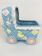 Vintage Ceramic Baby Buggy  Planter Japan Pull String Sayings Blue Bunny Ducks picture