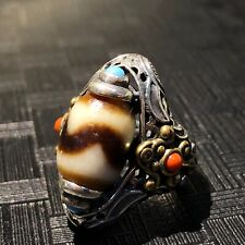 Energy Power Tibetan Old Agate Tiger teeth Totem Dzi. Silver Ring picture