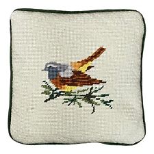Cottagecore Needlepoint Bird Pillow Square Green Velvet Back Vintage Audubon picture