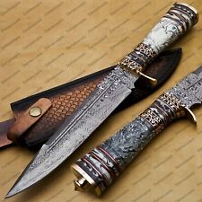 High-End Handmade Damascus Steel Mosaic Bowie Knife Hunting Knife Leather Sheath picture