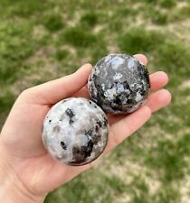 2 rainbow moonstone with black tourmaline inclusion spheres bundle 🪐 blue flash picture