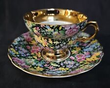 Queens Rosina Black Chintz Gold Cup & Saucer Set #5333 Bone China England VGUC picture
