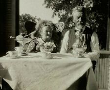 Old Man Woman Sitting At Table Silver Tea Set B&W Photograph 2.25 x 4.5 picture
