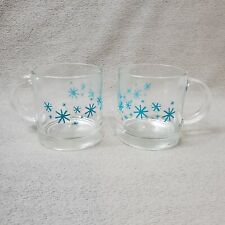 Vintage Set 2 Clear Glass Blue Starburst Star Snowflake Coffee/Mug Adult's Retro picture