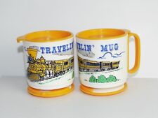 VTG Travelin' Mug Train Scene Plastic With Lids And Bases Whitley Industries 2pc picture