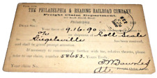 SEPTEMBER 1890 PHILADELPHIA &  READING FREIGHT CLAIM POST CARD picture