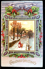 Vintage Victorian Postcard 1908 Christmas Greetings - Winter Scene on Silver picture