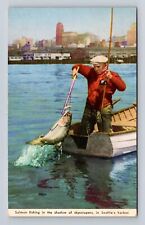 Seattle WA-Washington, Salmon Fishing, Skyline in Background, Vintage Postcard picture