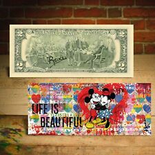 MICKEY & MINNIE MOUSE - LIFE IS BEAUTIFUL $2 Genuine Bill Rency Art HAND-SIGNED picture