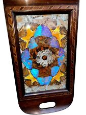Vintage Blue Morpho Butterfly Wings Glass Art Deco Tray Wood Inlay See Photos picture