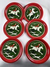 Vintage Tin litho Coaster Set Six 6 Fox Hunt Scene Horse Rider Dogs 3 1/2