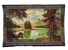 Vtg 1970s Velvet Forest Hunting Lake Scene Wall Hanging Tapestry Deco 52” X 35” picture