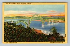 Newport OR- Oregon, Aerial View Of Yaquina Bay Bridge, Vintage Linen Postcard picture