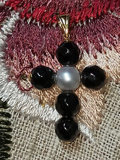 Designer 18k Gold Cross pendant for woman Black Pearl Cross Christian Mom gift  picture