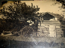 6th, P. Tintype OUTDOOR VIEW LOG CABIN w/Little Boy, TWO MEN in HORSE & BUGGY . picture