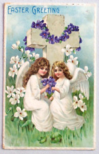 Easter Greeting Two Angles with Cross B.W. Easter Embossed DB Postcard 1235 picture