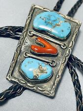 RARE VINTAGE NAVAJO 2 LARGE KINGMAN TURQUOISE CORAL STERLING SILVER BOLO picture