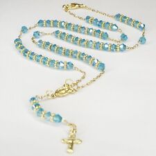 Rosary Light Blue Beads Necklace Gold Plated Blessed by Pope for Women picture