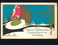 c.1929 Christmas Greetings Ship Holly Sea Ocean Waves Postcard POSTED picture