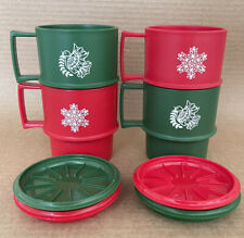 Tupperware Christmas Coffee Mugs #1312 Set of 4 Cups + Coasters #1313 Red Green picture