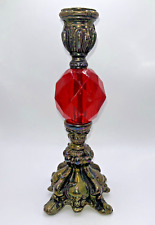 Vintage Gothic Ruby Red Lucite & Brass Candlestick Holder Hollywood Regency 8