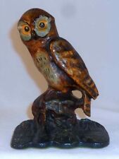 Antique Cast Iron Doorstop Brown Colored Owl Standing on Brown-Green Perch picture