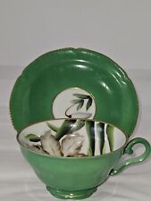 Vintage Wales China Tea Cup Saucer Set Green Floral Gold Gilt Japan ESTATE picture