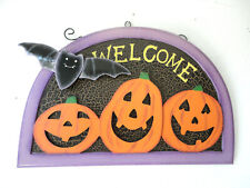 Halloween  Plaque Hanging bat pumpkins  wooden welcome sign  *small flaw UNUSED picture