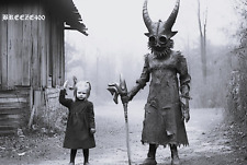 Vintage Halloween Photo/VERY CREEPY DEVIL WITH YOUNG CHILD/4X6 B&W Photo Rpt. picture