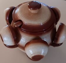 Vintage Spectrum Pottery Soup Tureen Brown And Cream  With Spoon And 5  Bowls  picture