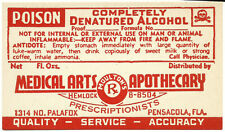 1 Antique Pharmacy Label DENATURED ALCOHOL Medical Arts Apothecary Pensacola picture