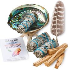 White Sage Smudge Kit with Feather, 3 Sage Bundles, 4 Palo Santo Sticks, Shell + picture