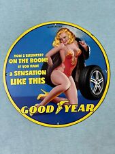 GOODYEAR PORCELAIN ENAMEL PINUP GIRL GAS OIL SERVICE STATION AUTO TIRE SIGN picture
