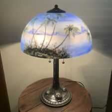 Vintage Antique Reverse Painted Lamp Handel Bradley Hubbard Style Era Palm Trees picture
