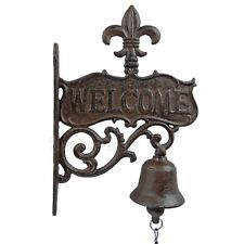 Large Welcome Dinner Bell Cast Iron Fleur De Lis Scrolls Wall Mounted Victorian picture