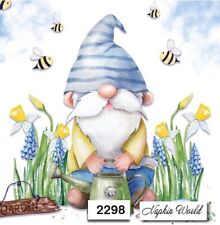 (2298) TWO Paper LUNCHEON Decoupage Art Craft Napkins GNOME FLOWERS GARDEN BEES picture